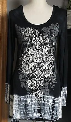 Vocal USA Women’s Tunic Blouse Mini Dress Sz M Black Gray Embellished Flowers • $28