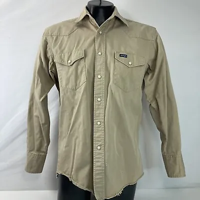 VTG Wrangler Pearl Snap Western Work Shirt Denim Khaki Tan Brush Popper Mens M • $23.77