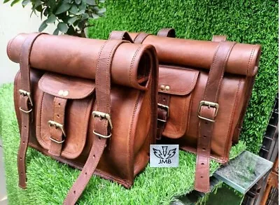 1 Pair Vintage Leather Roll Motorcycle Saddle Bag Brown Swingarm Side Bag JMB TM • $64.84