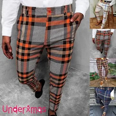 Mens Formal Smart Trousers Plaid Check Tartan Casual Office Work Business Pants/ • £14.20