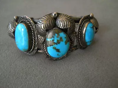 OLD Native American Navajo Rich Morenci Blue Turquoise Sterling Silver Bracelet • $345