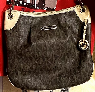 Michael Kors Jet Set Medium Brown Monogram Chain Strap Tote Hand Bag Dual Pleats • $20.99