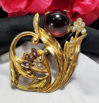 Vintage Gold Art Deco Purple Rhinestone Brooch Pin Mazer? • $85