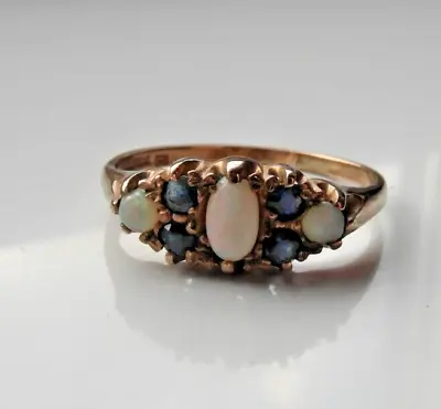 Q304 Vintage Ladies 9ct Gold Opal And Sapphire Dress Ring Size L 1/2 • £250