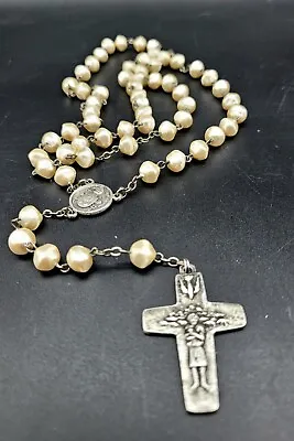 Vintage Italian Made Rosary Beads - White Faux Pearls? Unusual Cross. • $22