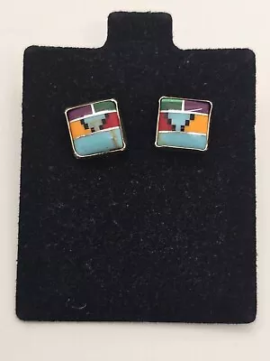 Sterling Silver Multi Stone Inlay Zuni Style Bezel Set Stud Earrings • $10.40