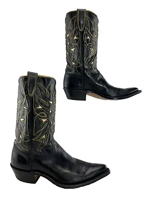 Men's Vintage Black Leather Gold Inlay Pointed Toe  Cowboy Boots Size: 4 D • $129.08