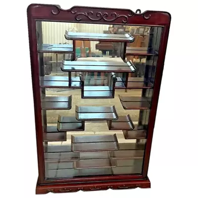 Antique China Cabinet Curio Locking Glass Door Wall Mount 18 Shelves Mirror Back • $906.50