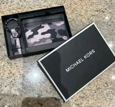 MICHAEL KORS MEN'S JET SET CARD CASE Slim Wallet Key Ring Keychain Set Camo NWT • $30