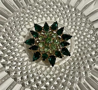 Vtg Brooch Emerald Green & Peridot Crystal Signed By Kramer Of New York. 1  3/4” • $49