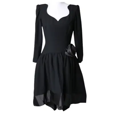Vintage 1980s Morton Myles Mullet Hem Black Long Sleeved Evening Dress Medium • $125