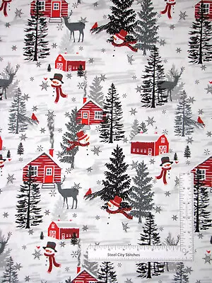 Christmas Snowman Barn Cabin Fabric It's Snow Wonder Cotton Blank Textiles Yard • $10.98