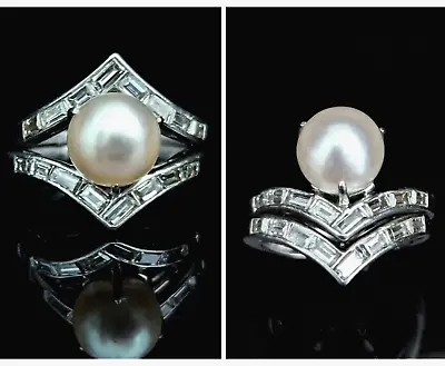 1950s Pearl Diamonds Platinum Ring Band Enhancer Set Engagement Baguette Vintage • $1298