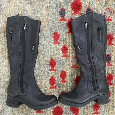 Vera Wang Evan Black Pebbled Leather Moto Tall Riding Biker Boots Zipper • $75