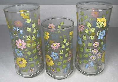 Vintage Corelle Spring Meadow Set Of 3 Glass Tumblers 6.5  & 5” Floral Flowers • $29