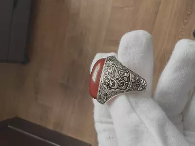Engraved Handmade Men's Silver Ring Red Aqeeq  خاتم فضة منقوش عليه الامام الحسين • $139
