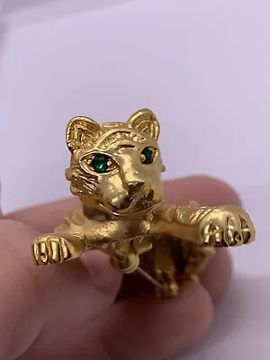 $20 • Buy Vintage Unsigned Bobble Head Cat Tiger Brooch Pin Jewelry Gold-Tone Green Eyes