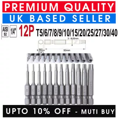 12 X Torx Screwdriver Bit Set Hex Security Magnetic 50mm Long T5/6/7/8/9/10/15 • £4.35