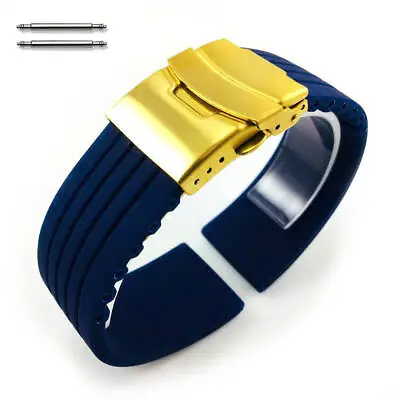 Blue Rubber Silicone Replacement Watch Band Strap Gold Double Lock Buckle 4015G • $14.95