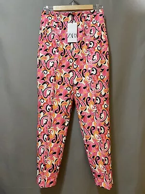 NWT ZARA Women Side Pocket High-Rise Tapered Ankle Pants SZ M Pink Floral Scroll • $24
