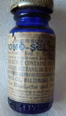 Vintage Bromo Seltzer Bottle; Original Label & Screw Cap; 2 3/4  Tall • $9.50
