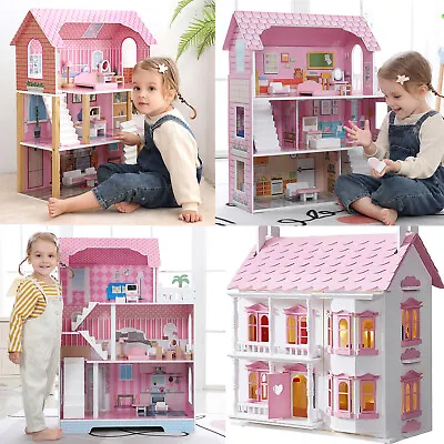 Wooden Dolls House Furniture Large Dollhouse Playset For Kids Role Play Toy Gift • £47.40