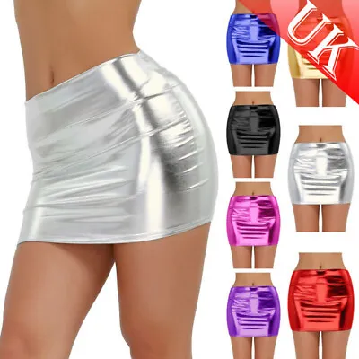 UK Womens Shiny Metallic Skirt Stretchy Bodycon Wet Look Short Skirts Clubwear • £8.99