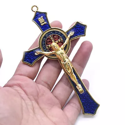 Vintage Metal Hand Hold Cross Crucifix Jesus Holy Religious Carved Christ Blue • $11.95