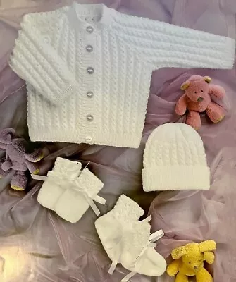 Baby Knitting Pattern  JacketHatMitts & Bootees In 4ply To Fit Prem-2yrs G17 • £3.45