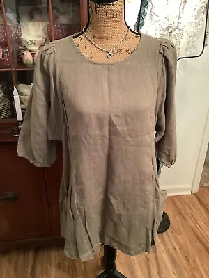 Match Point Tunic/Mini Dress S Olive 100% Linen Puffy Sleeves Pockets Pretty • $9.99