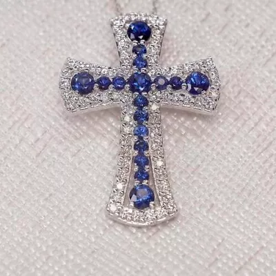  14K Gold Plated Silver 1.20Ct Lab Created Round Blue Sapphire & Cross Pendant • $123.07