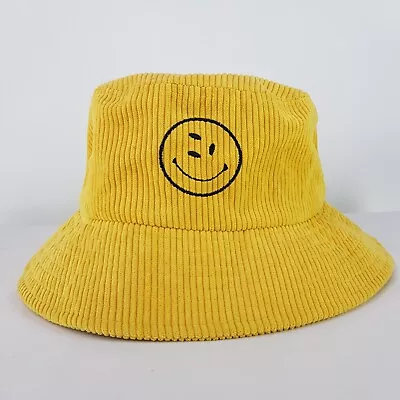 Vintage Corduroy Bucket Hat Alien Smiley Face Embroidered Yellow 19cm Summer • $29