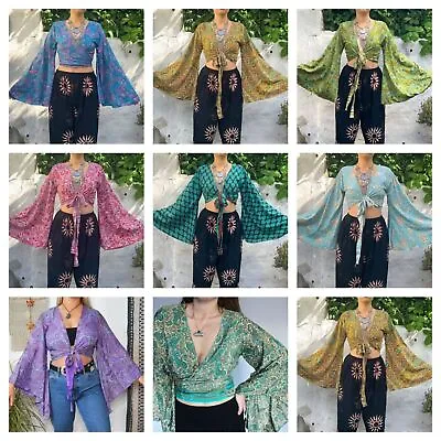Wholesale 5 Pc Indian Vintage Silk Sari Bell Sleeve Crop Top Retro 60s Clothing • $108.68