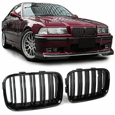 Bmw 3 Series E36 91-96 Pre F/l Gloss Black Front Kidney Grilles Double Spoke • $34.75