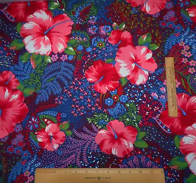 Tropical Fabric 1 3/4 Yard Pink Red Green Floral On Dk Blue Hawaiian Cotton Vtg • $17.50