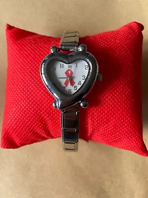 Italian Charm Bracelet Watch White Face With Red Cancer Ribbon Heart Shape • £20