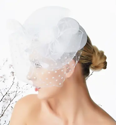 White Mini Top Wedding Feather Mesh Fascinator Hat Woman Headpiece Hair Clip • $12.99