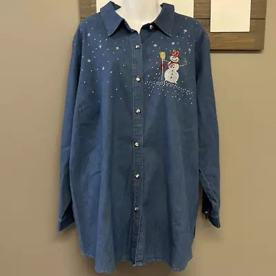 Quaker Factory Embroidered Gem Chambray Button Down Snowman Tunic- XXL • $50