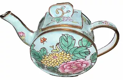 Mini Enamel Teapot Pink And Yellow Flowers With Butterflies Circular Shaped • $18