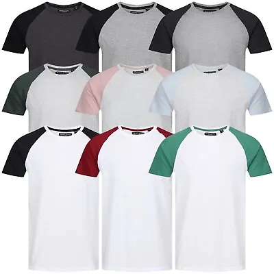 Mens T Shirts Short Sleeve Raglan Round Crew Neck Tees Plain Casual Contrast Top • £5.99