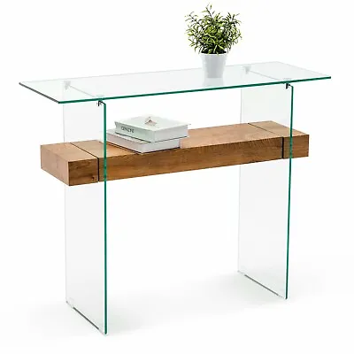 Ivinta Narrow Glass Console Table Wood Storage Shelf For Living Room • $145.99