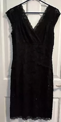 Marina Black Dress Womens Size 12 Sequined Lace V Neck Cocktail Party Sheath • $13