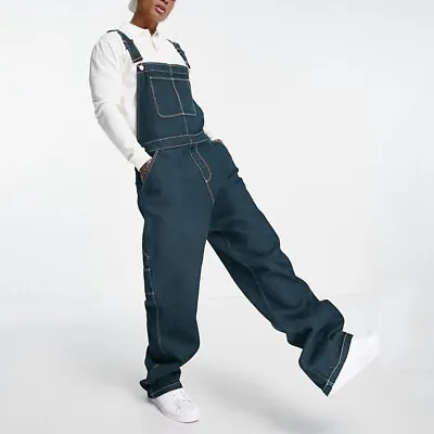 Men Casual Denim Dungarees Pants Overalls Bib And Brace Coveralls Jeans Trousers • £29.49