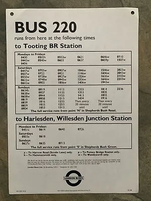 LONDON TRANSPORT 12  Special Panel Bus 220 Tooting Harlesden Willesden 21.1.89  • £0.99