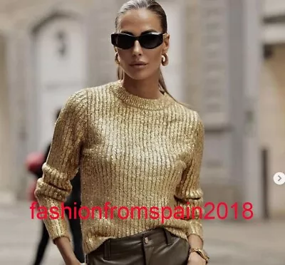 $57.80 • Buy Zara New Woman Cracked Effect Metallic Crackled Knit Sweater Gold S-xl 6427/118