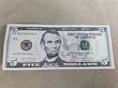 $5 Dollar Bill Serial #PE56744444A. Series 2017A. • $20
