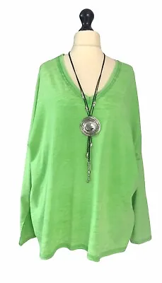 Italian Lagenlook Green Vintage Wash Long Sleeve Top - UK Size 16 18 20 22 • £14.99