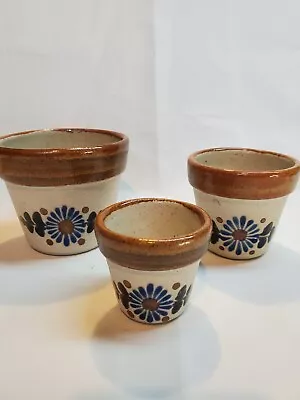 Tonala Mexican Sandstone Pottery Set 3 Flower Pots Blue Floral Rust Rims • $29.99