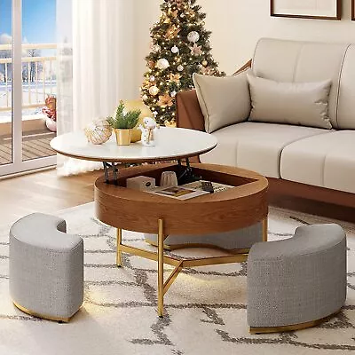 Round Lift Top Coffee Table W/ Storage Hidden Compartment 3 Stools Living Room • $383.99