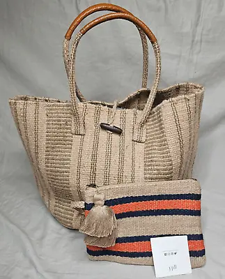 J Jill Jute Tote Bag Wristlet Set Coin Purse Handbag Beige Striped Large Beach • $33.96